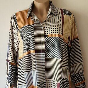 Beautiful mixed media blouse sz 3X stripe zig zag black white yellow blue EUC